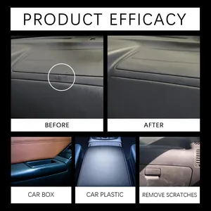 Detail showing scratch removal effect of polishing wax on car interior plastic panels