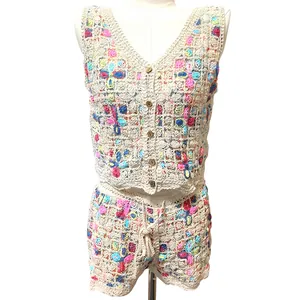 Women Bohemian Embroidered Hollow Out Knit Top And Bottom Summer Sweet Floral Tank Top Shorts