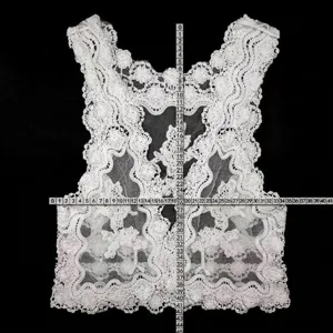 Detailed measurement view showing dimensions of white lace sleeveless vest with floral embroidery
