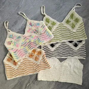Women's Bohemian Crochet Cotton Tank Top Sexy V-Neck Embroidered Lace Knit Camisole Summer Breathable Hollow Out Beach Top