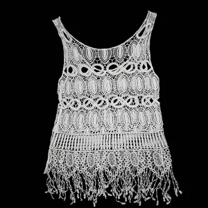 Sexy Cotton Hollow Out Lace Vest Women Sleeveless Embroidered Tassel Tank Top Crochet Beach Bikini Cover Up