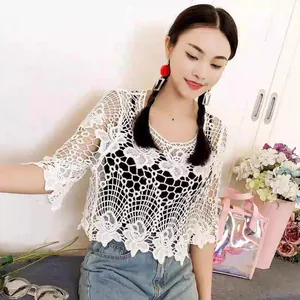 Model wearing a white crochet lace hollow-out short sleeve knit top for summer