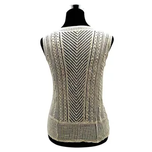 Detailed back view of a cream boho crochet sleeveless vest with chevron patterns