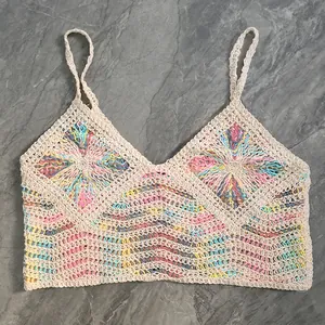 Bohemian style colorful crochet knit camisole top with breathable summer lace detail