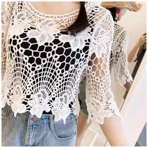 White crochet hollow lace top with floral knit patterns for summer wear