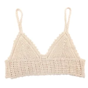 Top Cami da Donna Dolce Uncinetto a Mano in Cotone Pizzo Tinta Unita Traforato Bordo a Festone Scollo a V Corto per Vacanze