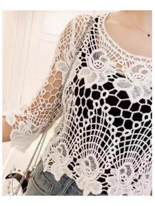 Close-up detail of white crochet lace top featuring intricate floral hollow-out patterns.
