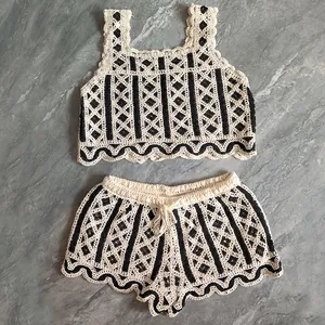 Women Hollow Out Crochet Knit Top And Bottom Cotton Floral Embroidered Sleeveless Cami Shorts Set Bohemian Summer Clothes