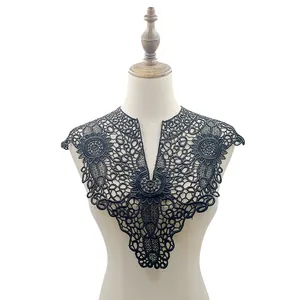 Detailed view of black floral lace hollow embroidery false collar shawl on mannequin