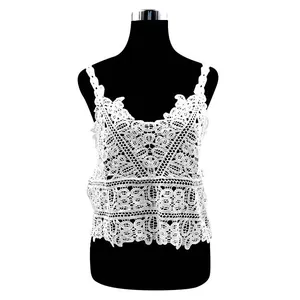 Elegant white water-soluble lace vest with intricate hollow embroidery on a black mannequin