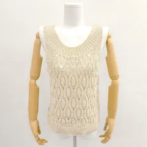 Women Cotton Hollow Out Embroidered Knit Vest Pullover Breathable Geometric Texture Sleeveless Top Apricot Casual Japanese Style