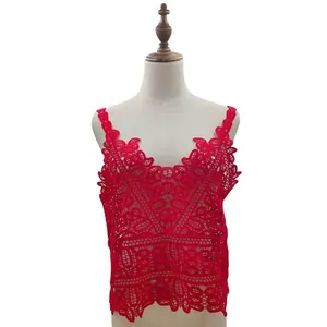Close-up detail of a red hollow lace crochet sleeveless beach vest displayed on a mannequin
