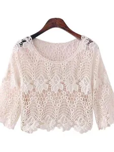 Women Korean Style Hollow Out Crochet Knit Top White Lace Floral Pattern Short Sleeve Summer Cover Up Casual Sun Protection Blouse