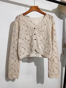 Bohemian Women Crochet Hollow Out Cardigan Short Sun Protection Top Cotton Embroidery V-Neck Long Sleeve Open Front Cardigan Jacket