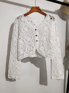 White bohemian crocheted lace long sleeve short cardigan open front sun protection cover up