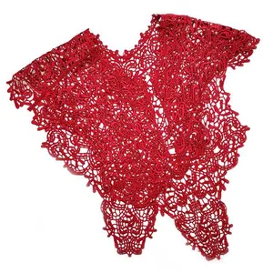 Detailed view of red lace hollow embroidered fake collar shawl with floral patterns