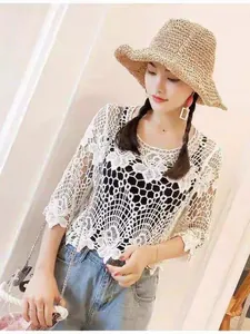 Elegant white crochet hollow-out pullover knit top for stylish summer beach layering