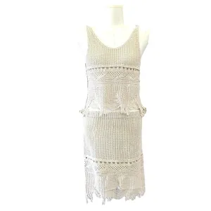 Vintage hollow-out crochet tank top and A-line skirt two-piece set with tassels