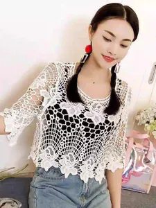 Korean style white hollow-out crochet knit short sleeve top for women summer fashion