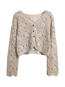 Elegant bohemian short crochet cardigan for women with long sleeves and floral hollow-out pattern
