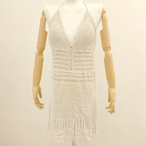 Robe Cache-Maillot de Plage Sexy en Coton au Crochet pour Femmes Dos Nu Col en V Ajouré Bikini Protection Solaire Mini Robe