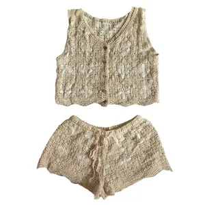 Bohemian hollow crochet knit two-piece set with V-neck vest and matching shorts