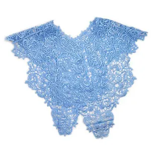 Close-up detail of light blue hollow embroidery lace fake collar for women's fashion outfits