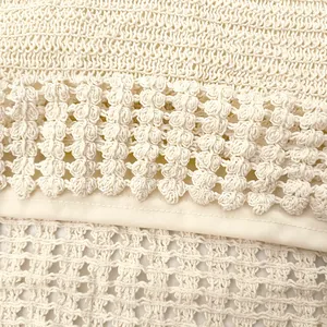 Gros plan sur la texture crochetée complexe et les détails de dentelle d'un paréo de plage.
