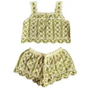 Summer hollow out crochet knit two-piece set with green floral tank top and shorts