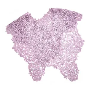 Macro view showing the intricate lavender floral lace embroidery and hollow pattern detail