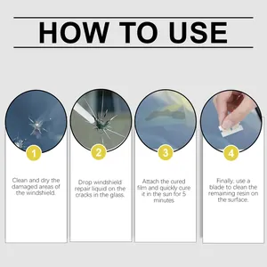 Instructional diagram showing steps to use the automotive windshield crack repair kit