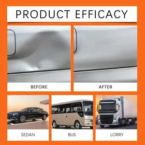 Before and after comparison of car dent repair efficacy on sedan, bus, and lorry.
