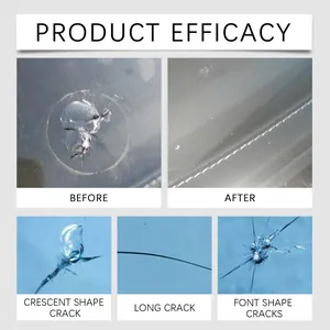Visual efficacy showing windshield crack repair before and after results for various crack types.