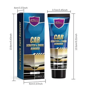 Detailweergave van 60ml auto krasverwijderaar tube en doos met nauwkeurige afmetingen.