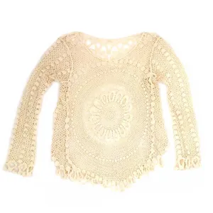 Detail of beige crochet lace beach cover-up with intricate hollow-out patterns