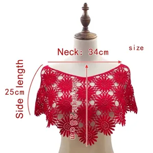 Close-up of red floral lace crochet shawl detail with size dimensions on mannequin