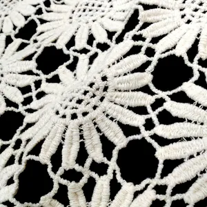 Macro detail of white floral crochet lace pattern on a delicate hollow-out shawl.