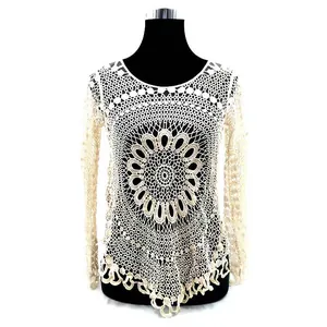 Women Cotton Hollow Lace Top Long Sleeve Crochet Beach Cover Up Boho Floral Sheer Blouse Bikini Smock Sexy Summer Clothing