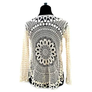 Back view of a cream crochet lace cover-up with an intricate sunburst pattern detail