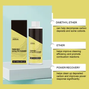 Detail showing 100ml three-way catalytic cleaner benefits including carbon deposit removal.