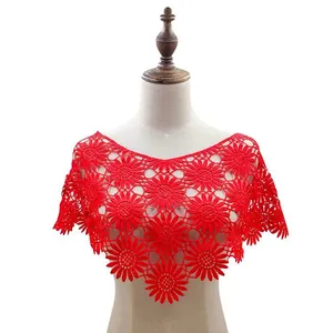 Detailed front view of a red floral lace crochet hollowed-out shawl capelet on a mannequin