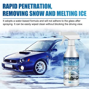 Espray descongelante Rayhong 60ml para lunas de coche sobre un fondo invernal nevado.