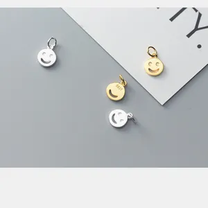 S925 sterling silver smiley face round charm pendants in gold and silver for DIY jewelry making