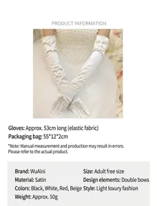 Elegant long white satin bridal gloves with double bow details, 53cm length elastic fabric