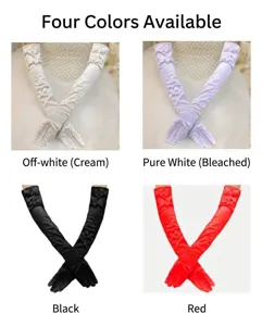 Elegant long satin bridal gloves with bow details available in four color options