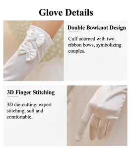 Close-up of white satin bridal gloves showing ribbon bows and 3D finger stitching detail.