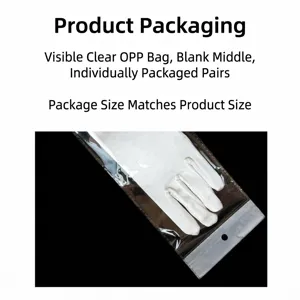Detail view of elegant white bridal satin gloves individually packed in a transparent OPP bag