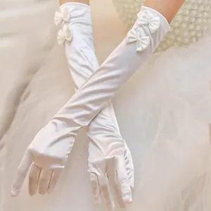 Retro Elegant Long Satin Wedding Bridal Gloves For Women White Black Red Bow Decor Formal Evening Party Dress Gloves