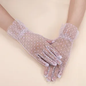Elegant Mesh Flocked Polka Dot Gloves With Ruffled Lace Edge Vintage Short Full Finger Gloves For Women Bridal Wedding Costume