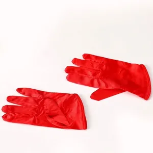 Red satin short gloves with elastic spandex for stage performances or drawing.